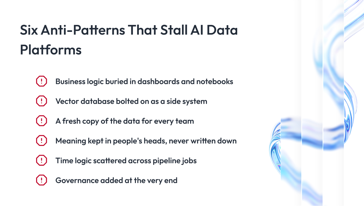 Six Anti Patterns That Stall AI Data Platforms Six Anti Patterns That Stall AI Data Platforms